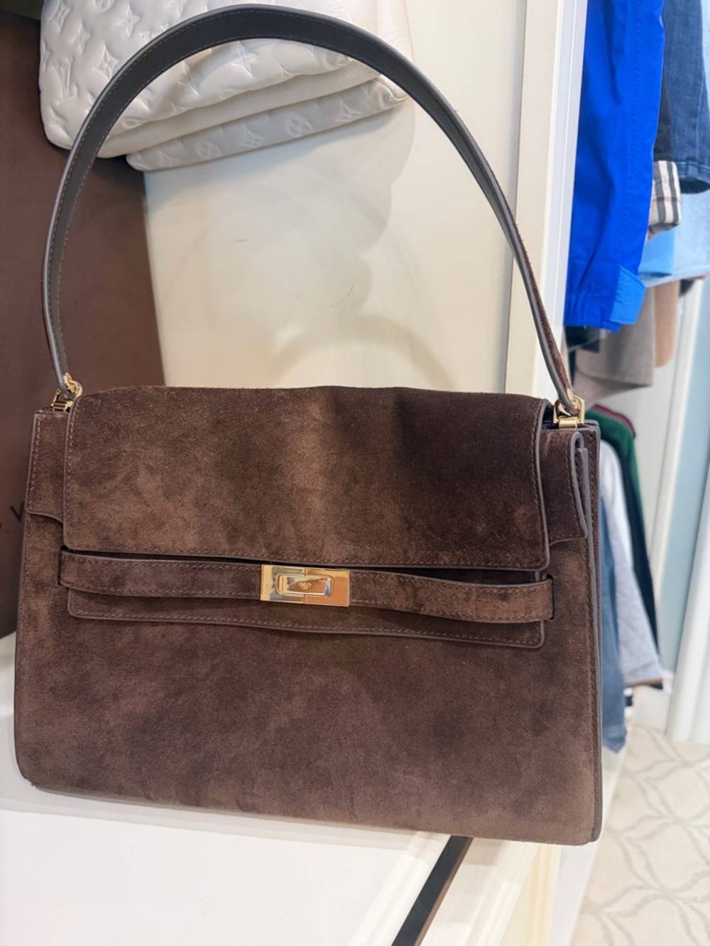 Tory Burch Dark Brown Suede Shoulder Bag with Gold Hardware